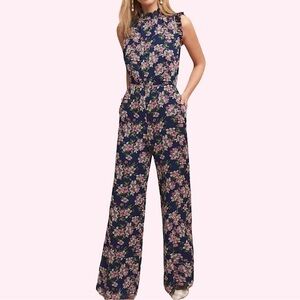Ali & Jay Floral High Neck Wide Leg Jumpsuit Navy Pink Size L